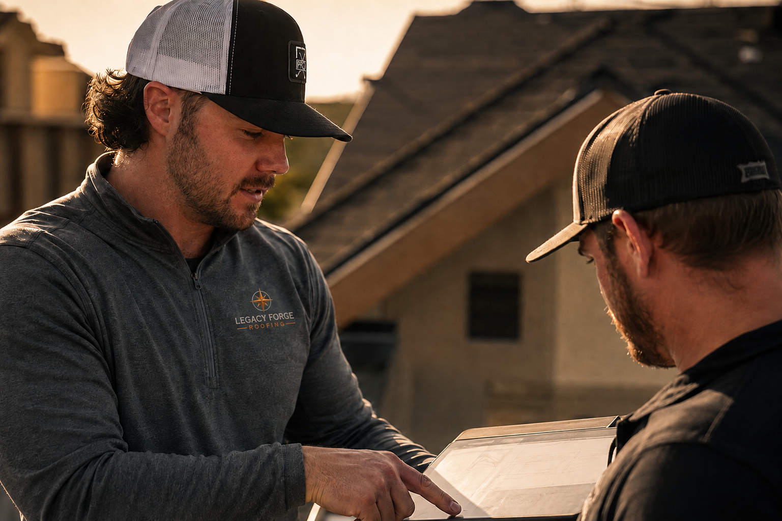 Bryson Engholm, owner of Legacy Forge Roofing, reviewing plans with a crew member on a residential roof.